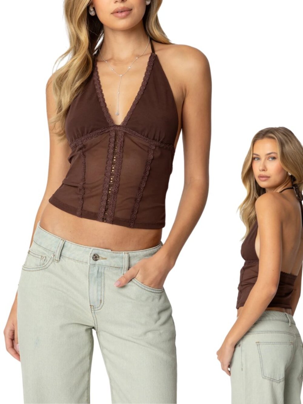 NWT Edikted Brown Lucie Lacey Mesh Halter Party/Going-Out Top - Medium
